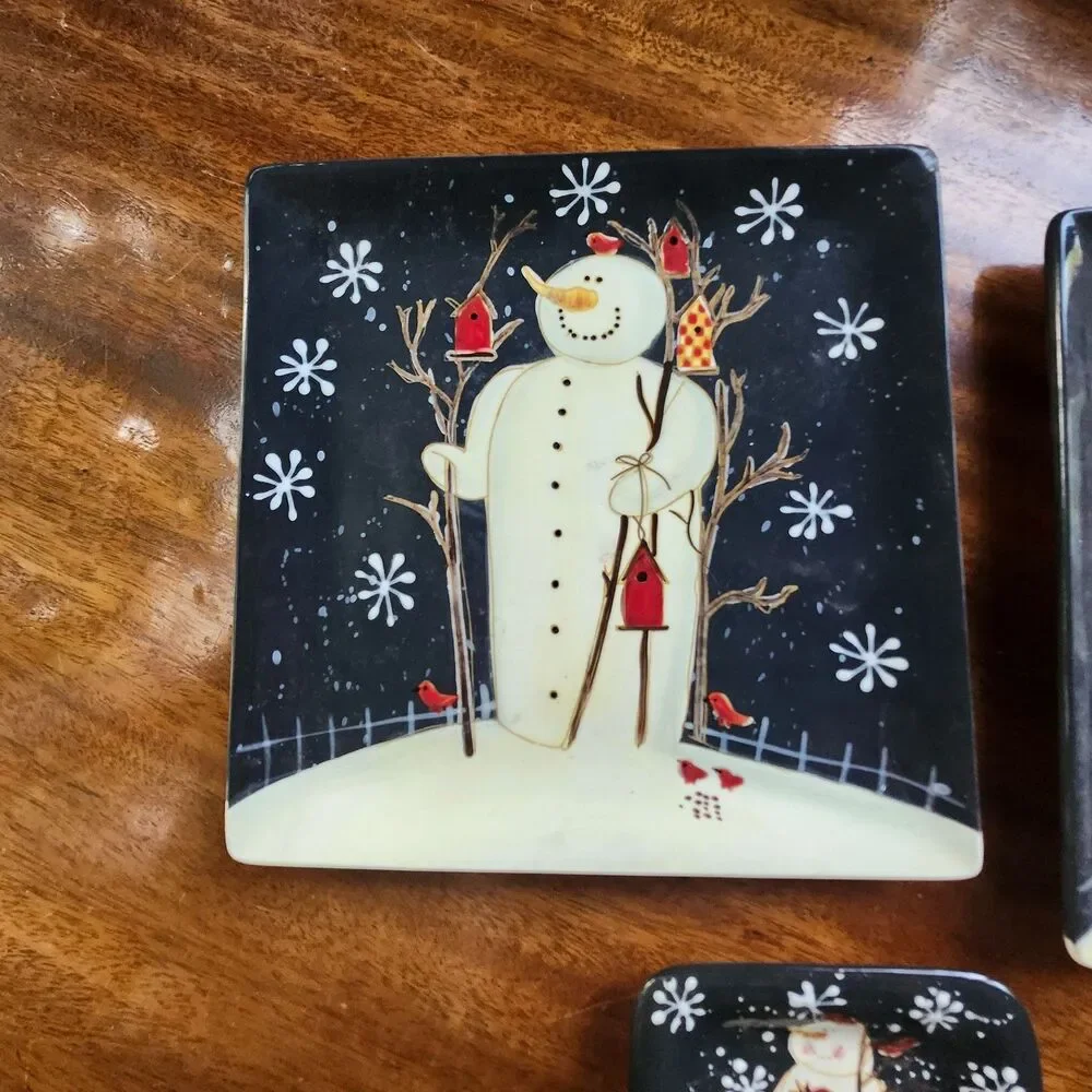 Twilight Snowman Mary Beth Baxter Holiday 4 Plates  2 Dinner & 2 Appetizers